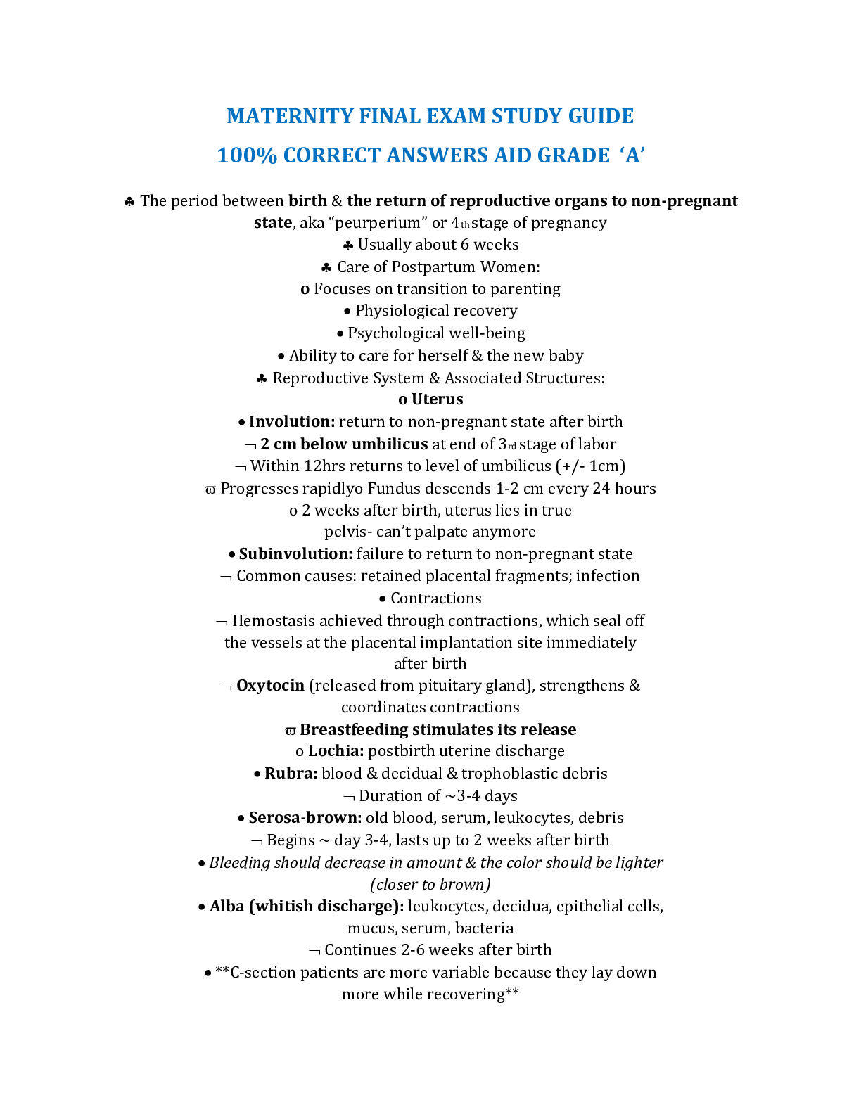 MATERNITY FINAL EXAM STUDY GUIDE 100 CORRECT ANSWERS AID GRADE ‘A